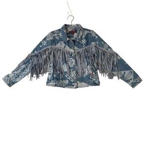 Rock & Roll Denim Women's Aztec Fringe Blue Denim Jacket Size M